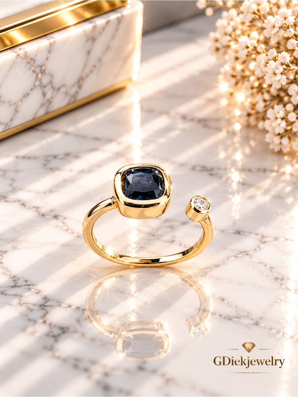 Gold Filled Adjustable Ring with Blue Cushion Stone and Accent Diamond